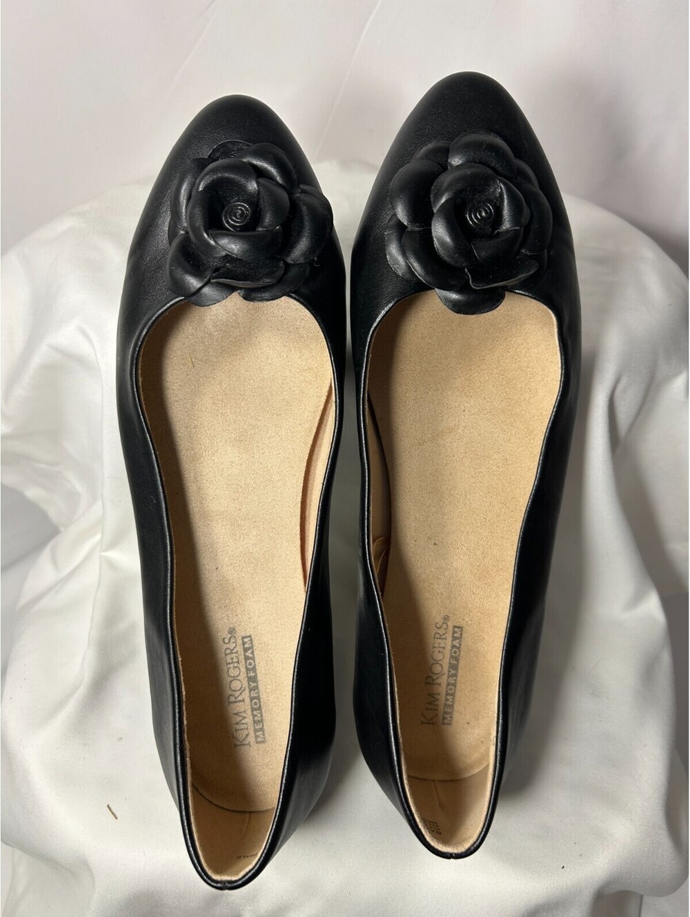 Kim Rogers Black Leather Ballet Flats Rose Flower Toe Memory Foam Comfort 9M